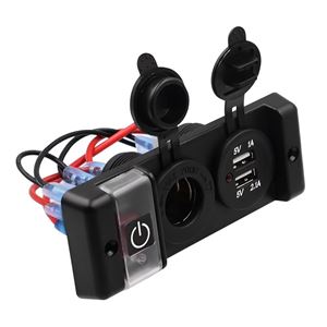 Obrázek z Dvojitá zásuvka do panelu 1x CL, 2x nabíječka USB + vypínač s jističem 16A 