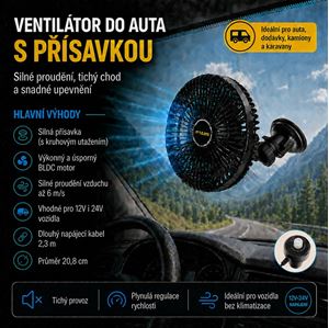 Obrázek z Ventilátor 208 mm s přísavkou 12-24V 