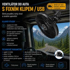 Obrázek z Ventilátor 208 mm na fixní klip USB 
